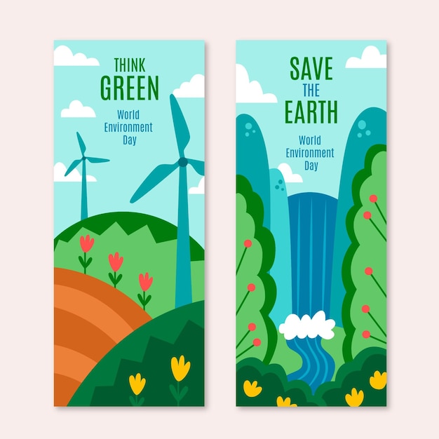 Conjunto de banners del día mundial del medio ambiente dibujados a mano