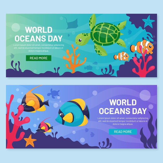 Conjunto de banners del día mundial de los océanos orgánicos planos