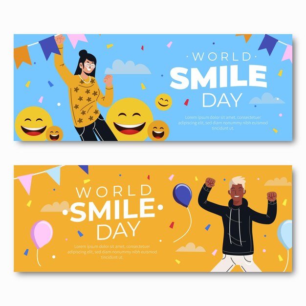Conjunto de banners de día mundial de la sonrisa dibujados a mano