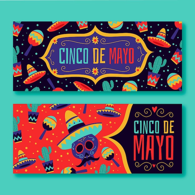 Vector gratuito conjunto de banners de dibujos animados cinco de mayo