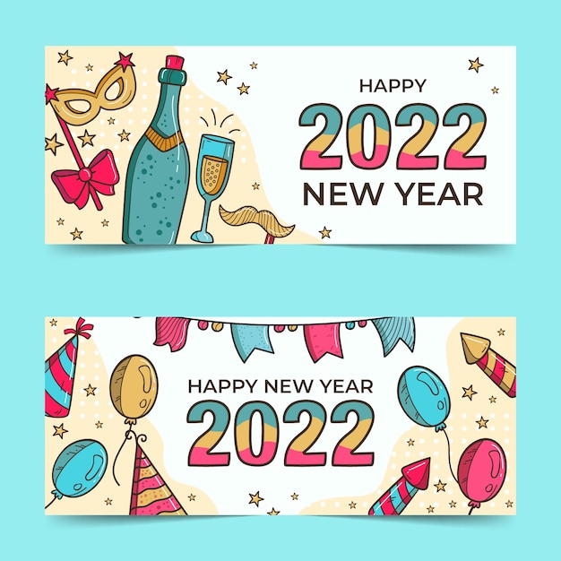 Vector gratuito conjunto de banners de feliz año nuevo 2022 dibujados a mano