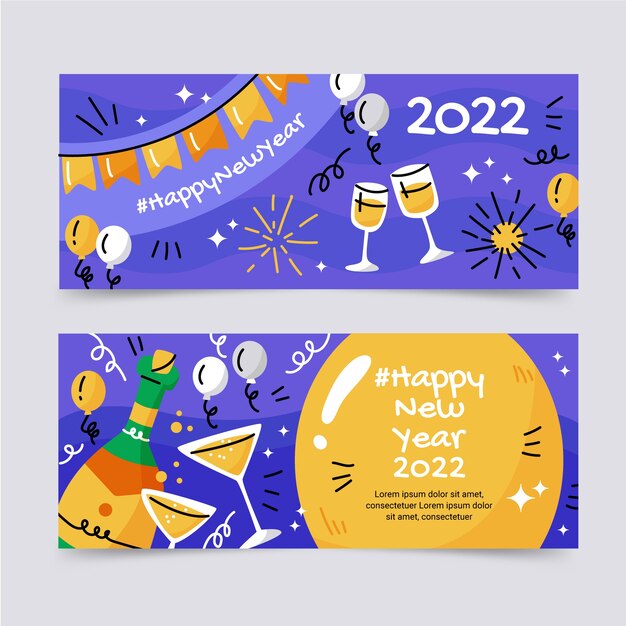 Conjunto de banners de feliz año nuevo 2022 dibujados a mano