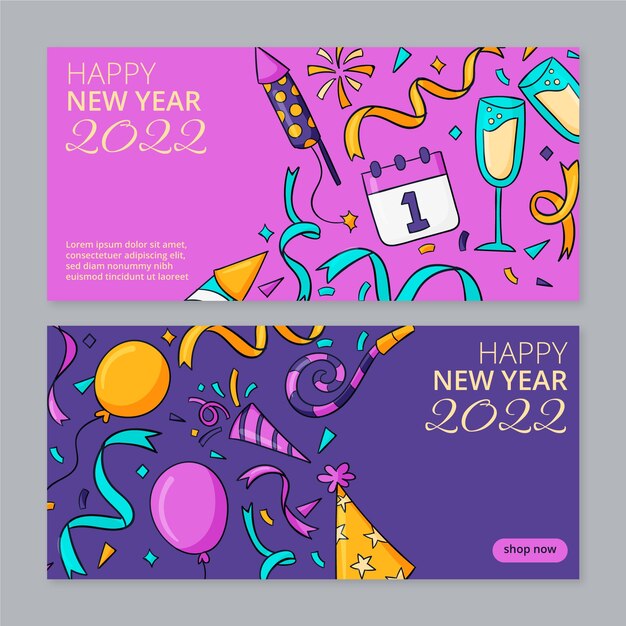 Conjunto de banners de feliz año nuevo 2022 dibujados a mano