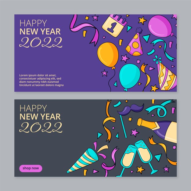 Conjunto de banners de feliz año nuevo 2022 dibujados a mano