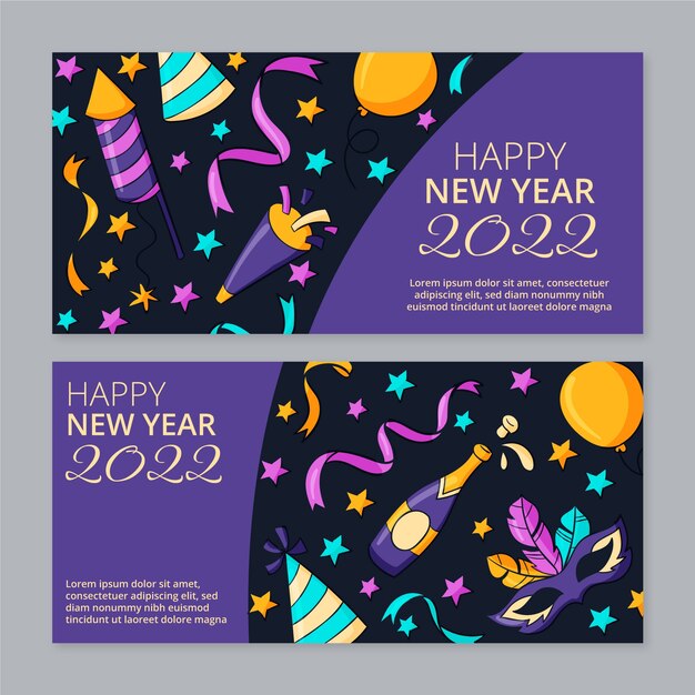 Conjunto de banners de feliz año nuevo 2022 dibujados a mano