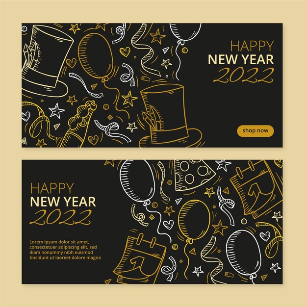 Conjunto de banners de feliz año nuevo 2022 dibujados a mano