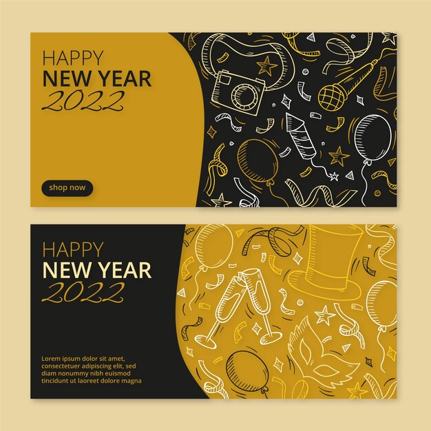Conjunto de banners de feliz año nuevo 2022 dibujados a mano