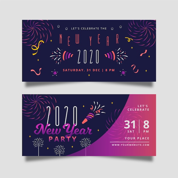 Conjunto de banners de fiesta de año nuevo 2020 dibujados a mano