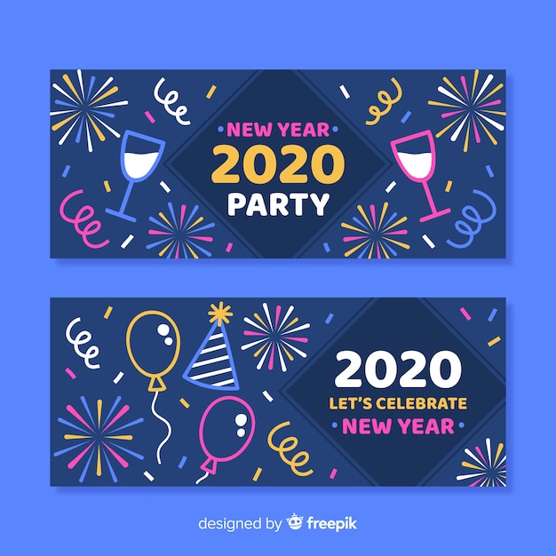 Conjunto de banners de fiesta de año nuevo 2020 de diseño plano