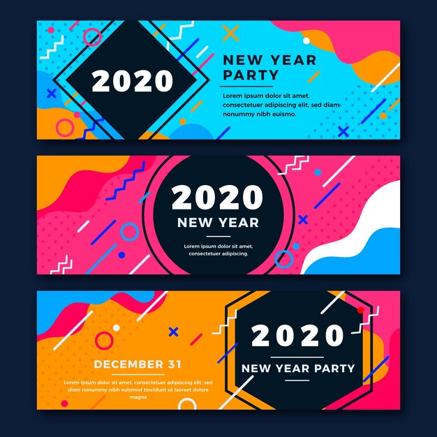 Conjunto de banners de fiesta de año nuevo 2020 de diseño plano