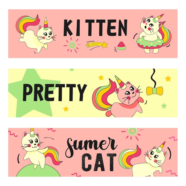 Conjunto de banners de gato unicornio. gatito de bebé de verano de divertidos dibujos animados con ilustraciones de cuerno y cola de arco iris