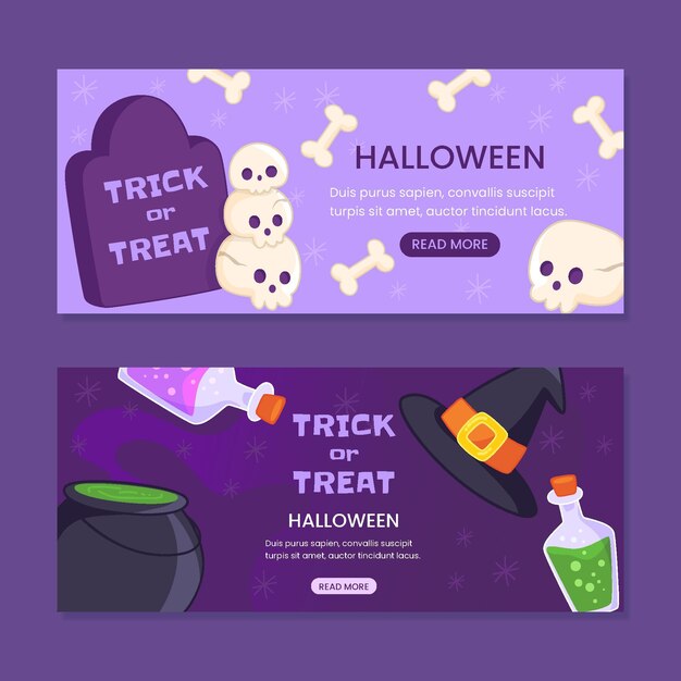 Conjunto de banners de halloween horizontales dibujados a mano