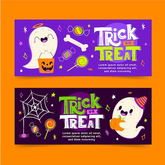 Conjunto de banners de halloween horizontales planos dibujados a mano