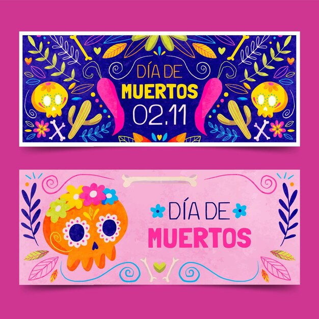 Vector gratuito conjunto de banners horizontales de acuarela dia de muertos