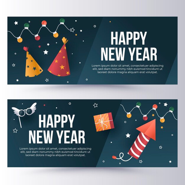 Conjunto de banners horizontales de año nuevo degradado