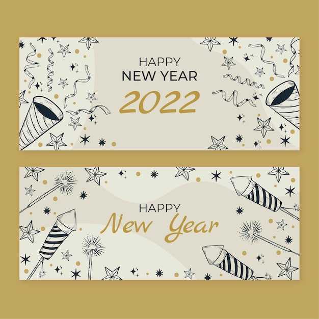 Conjunto de banners horizontales de año nuevo dibujados a mano