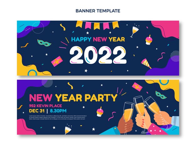 Conjunto de banners horizontales de año nuevo dibujados a mano