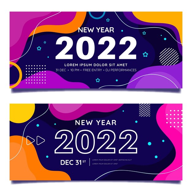 Conjunto de banners horizontales de año nuevo plano dibujado a mano