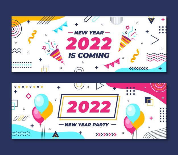 Conjunto de banners horizontales de año nuevo plano dibujado a mano
