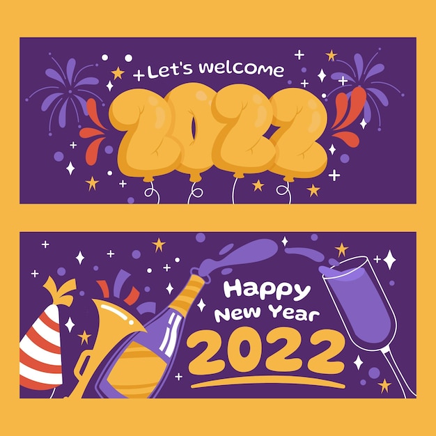 Vector gratuito conjunto de banners horizontales de año nuevo plano dibujado a mano