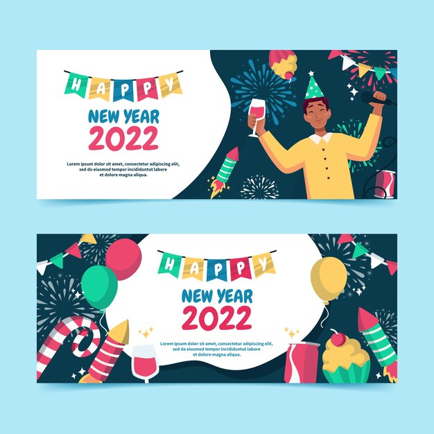 Conjunto de banners horizontales de año nuevo plano dibujado a mano