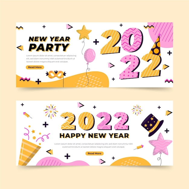 Conjunto de banners horizontales de año nuevo plano dibujado a mano