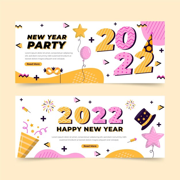Conjunto de banners horizontales de año nuevo plano dibujado a mano