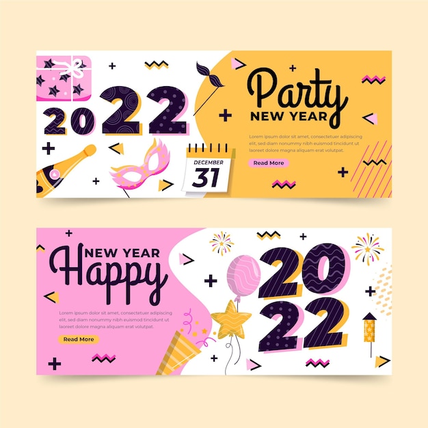 Conjunto de banners horizontales de año nuevo plano dibujado a mano