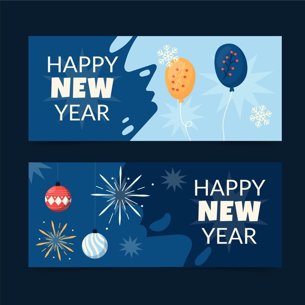 Conjunto de banners horizontales de año nuevo plano dibujado a mano