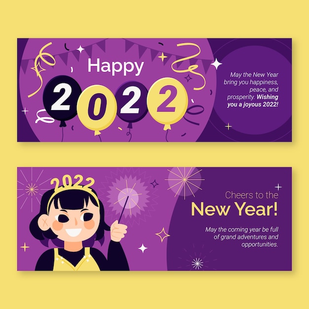 Conjunto de banners horizontales de año nuevo plano dibujado a mano
