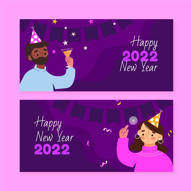 Vector gratuito conjunto de banners horizontales de año nuevo plano dibujado a mano