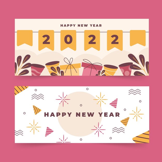 Conjunto de banners horizontales de año nuevo plano dibujado a mano
