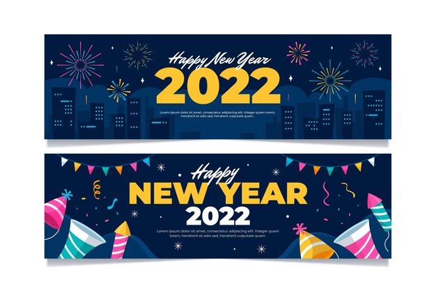 Conjunto de banners horizontales de año nuevo plano dibujado a mano
