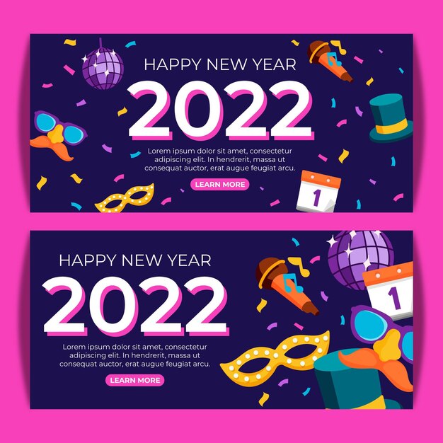 Conjunto de banners horizontales de año nuevo plano dibujado a mano