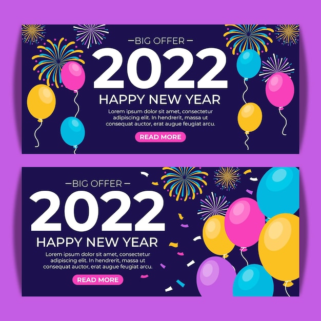 Conjunto de banners horizontales de año nuevo plano dibujado a mano