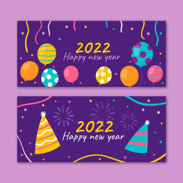 Conjunto de banners horizontales de año nuevo plano dibujado a mano