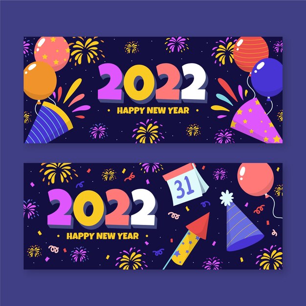 Conjunto de banners horizontales de año nuevo plano dibujado a mano