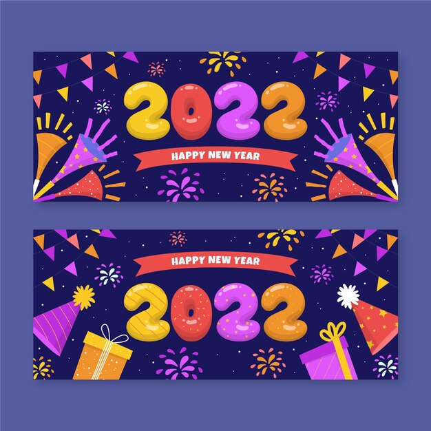 Conjunto de banners horizontales de año nuevo plano dibujado a mano