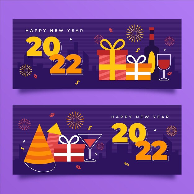 Conjunto de banners horizontales de año nuevo plano
