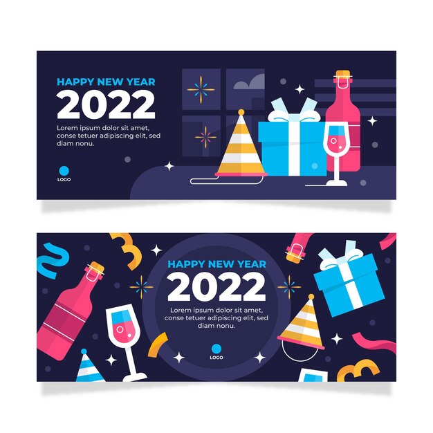 Conjunto de banners horizontales de año nuevo plano