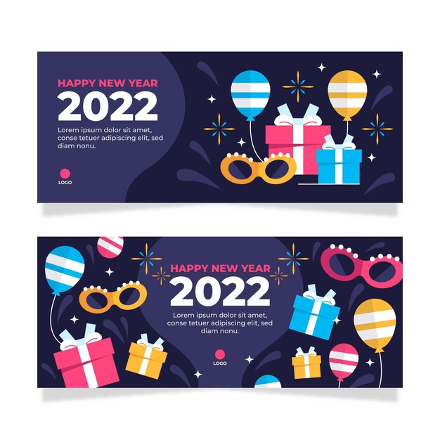Conjunto de banners horizontales de año nuevo plano