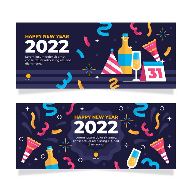Conjunto de banners horizontales de año nuevo plano