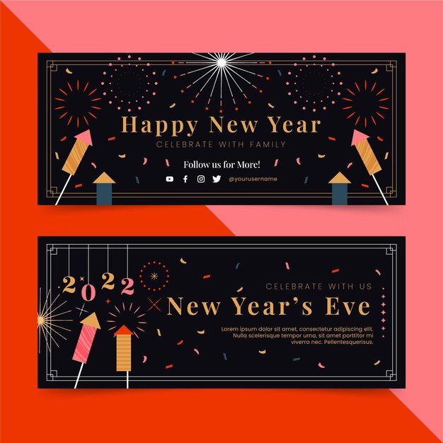 Conjunto de banners horizontales de año nuevo plano