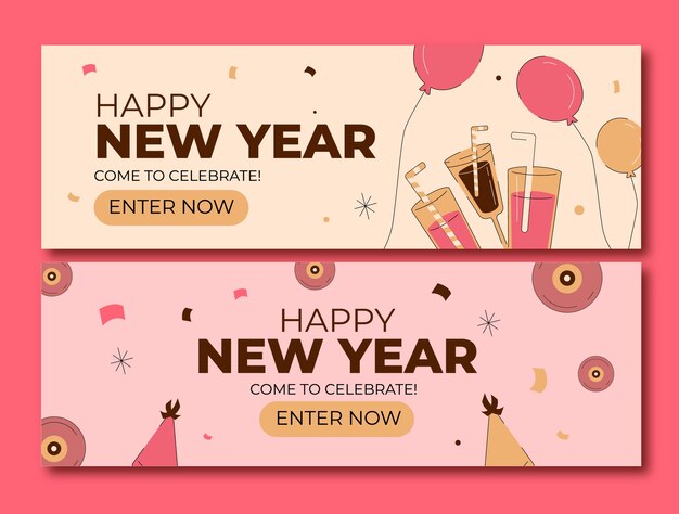 Conjunto de banners horizontales de año nuevo plano