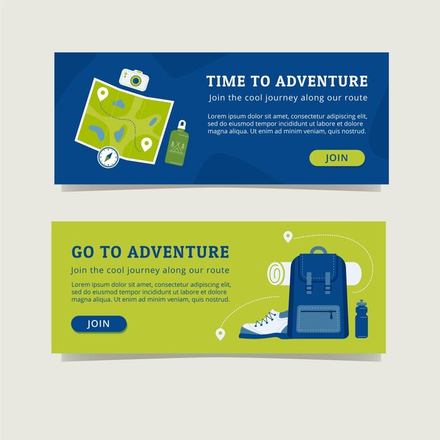Conjunto de banners horizontales de aventura plana.