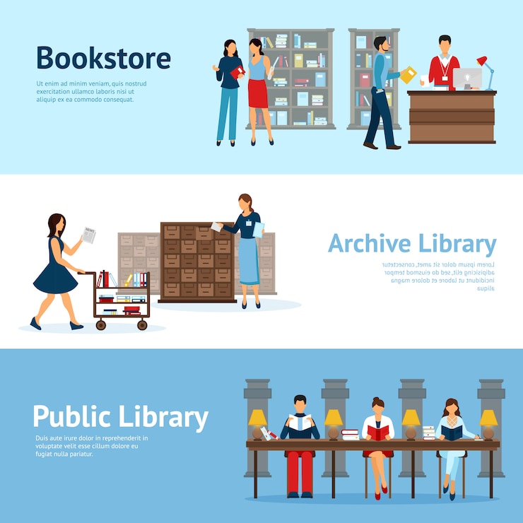 Vector gratuito conjunto de banners horizontales de biblioteca