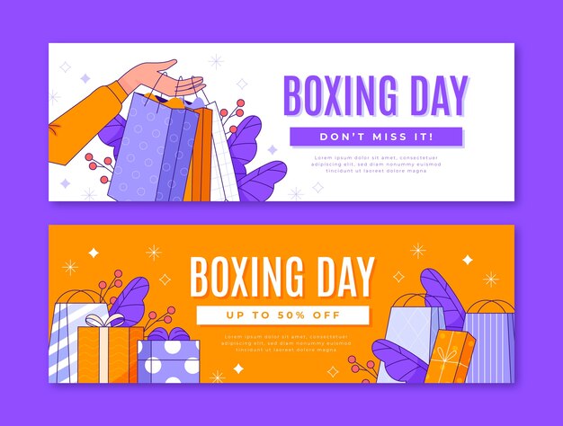 Conjunto de banners horizontales de boxing day dibujados a mano