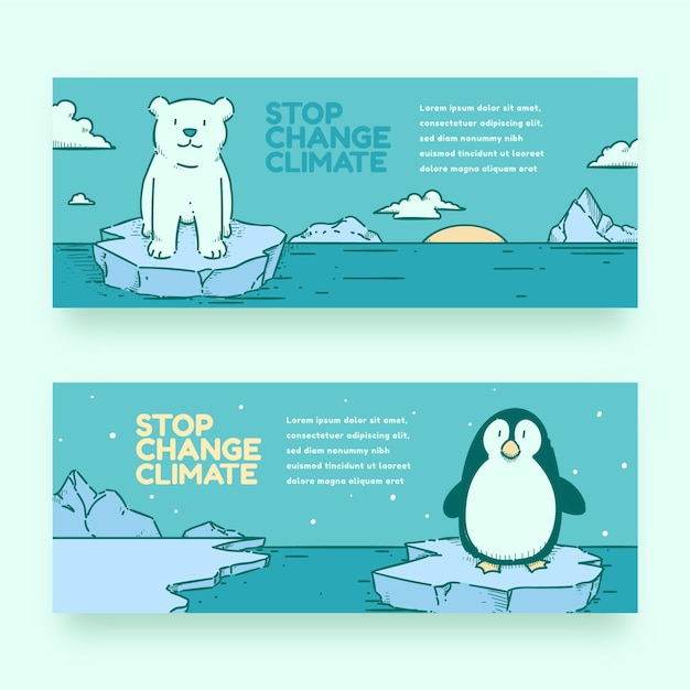 Vector gratuito conjunto de banners horizontales de cambio climático dibujados a mano