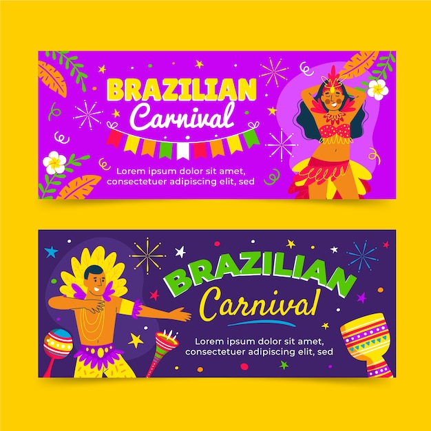 Conjunto de banners horizontales de carnaval brasileño plano