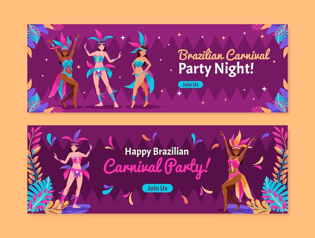 Vector gratuito conjunto de banners horizontales de carnaval brasileño plano